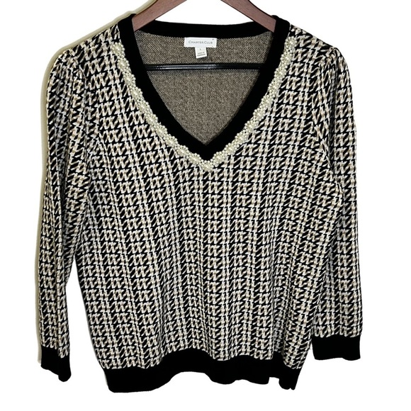 Charter Club | Pearl embellished cotton sweater | Black, White, Tan | Size L - Picture 1 of 7